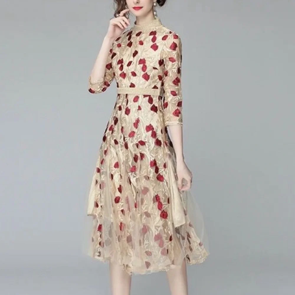 boutique floral embroidered midi dress M vintage look victorian fit & flare NWOT - Picture 12 of 12